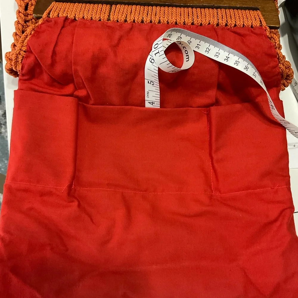 Mid century modern‎ Orange Macramé Tote with Wooden Handle